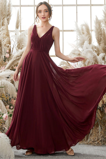 Robe de demoiselle d'honneur Bourgogne col en V en mousseline de soie